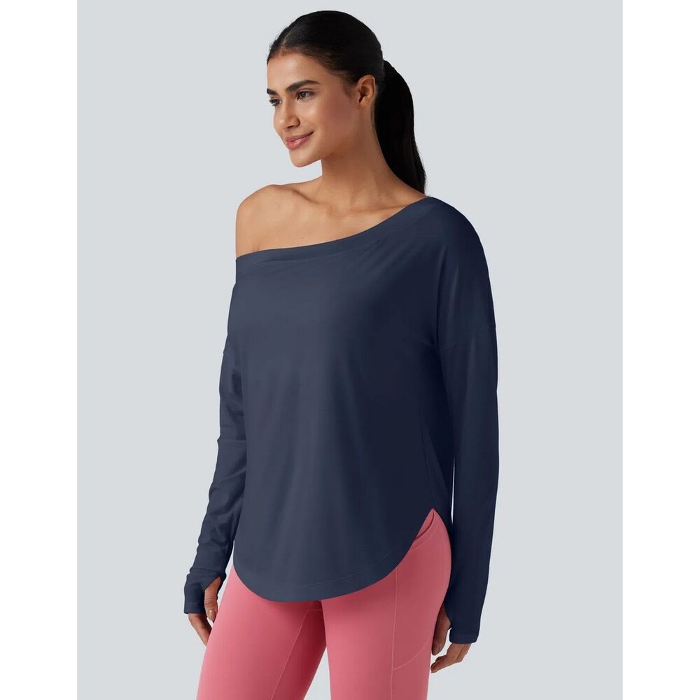 NEW Halara Curved Hem High Low Top Built in Bra Navy Blue Size S